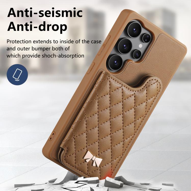 For Samsung Galaxy S25 Ultra 5G Mirror Rhombic Texture Metal Bow-knot Vegan Leather Card Bag Phone Case