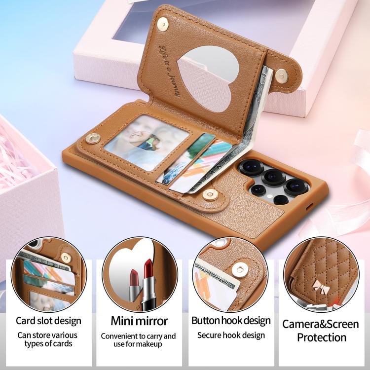 For Samsung Galaxy S25 Ultra 5G Mirror Rhombic Texture Metal Bow-knot Vegan Leather Card Bag Phone Case