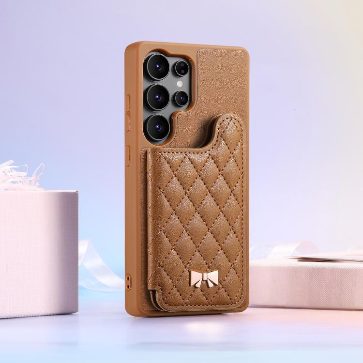 For Samsung Galaxy S25 Ultra 5G Mirror Rhombic Texture Metal Bow-knot Vegan Leather Card Bag Phone Case