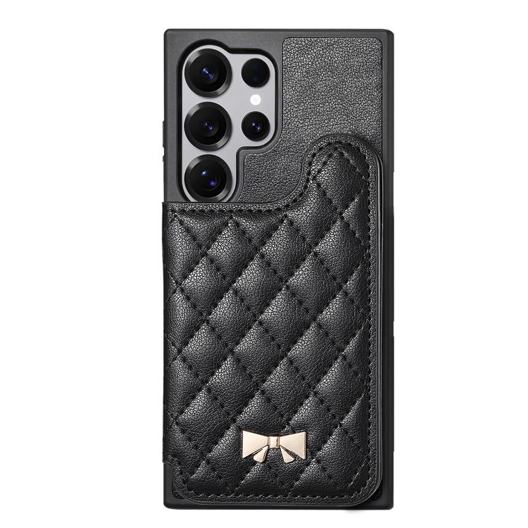 For Samsung Galaxy S25 Ultra 5G Mirror Rhombic Texture Metal Bow-knot Vegan Leather Card Bag Phone Case