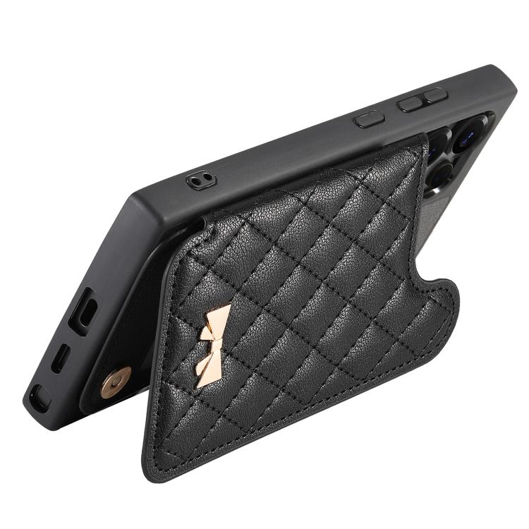 For Samsung Galaxy S25 Ultra 5G Mirror Rhombic Texture Metal Bow-knot Vegan Leather Card Bag Phone Case
