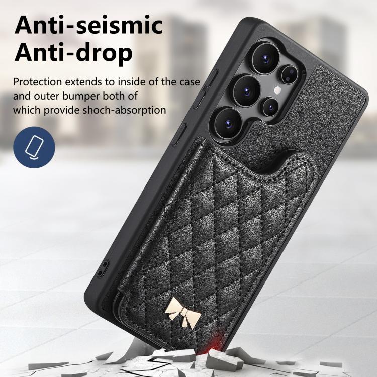 For Samsung Galaxy S25 Ultra 5G Mirror Rhombic Texture Metal Bow-knot Vegan Leather Card Bag Phone Case