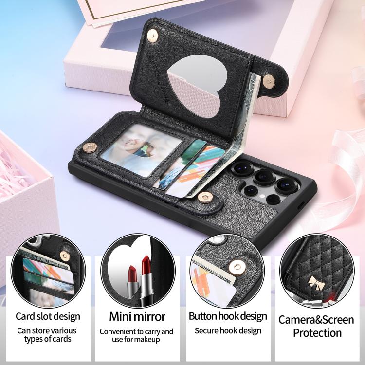 For Samsung Galaxy S25 Ultra 5G Mirror Rhombic Texture Metal Bow-knot Vegan Leather Card Bag Phone Case