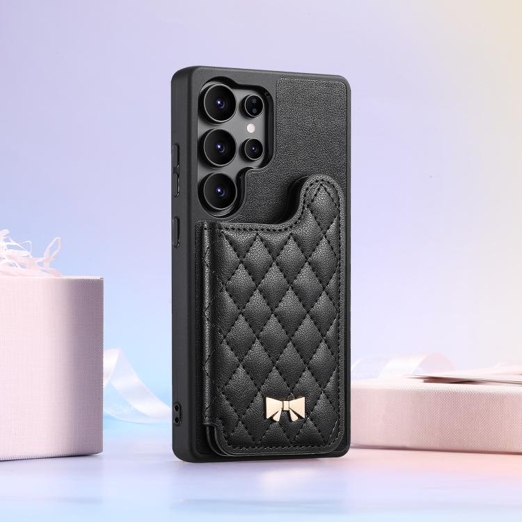 For Samsung Galaxy S25 Ultra 5G Mirror Rhombic Texture Metal Bow-knot Vegan Leather Card Bag Phone Case