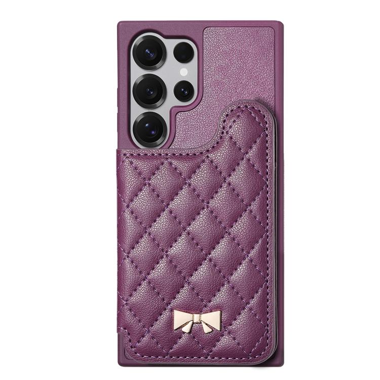 For Samsung Galaxy S25 Ultra 5G Mirror Rhombic Texture Metal Bow-knot Vegan Leather Card Bag Phone Case