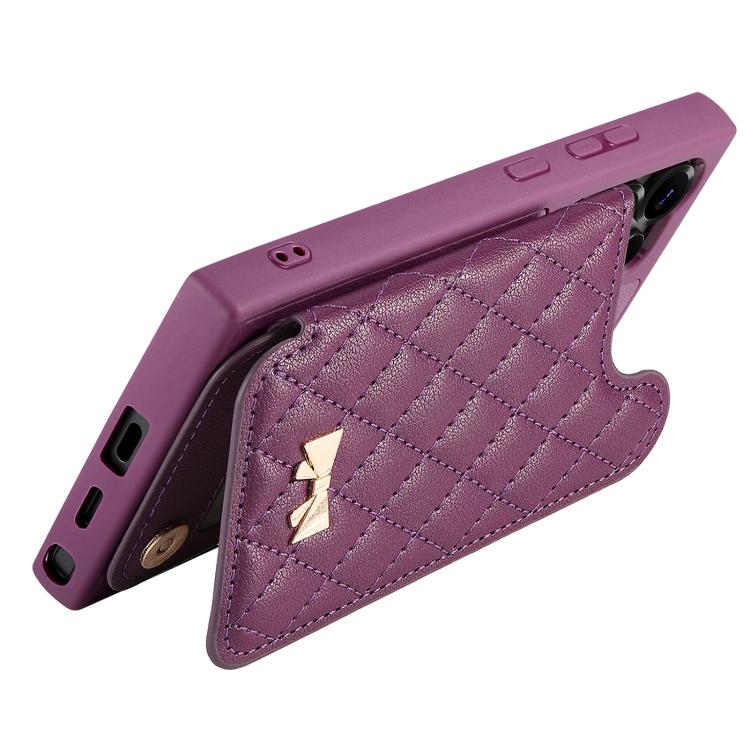 For Samsung Galaxy S25 Ultra 5G Mirror Rhombic Texture Metal Bow-knot Vegan Leather Card Bag Phone Case