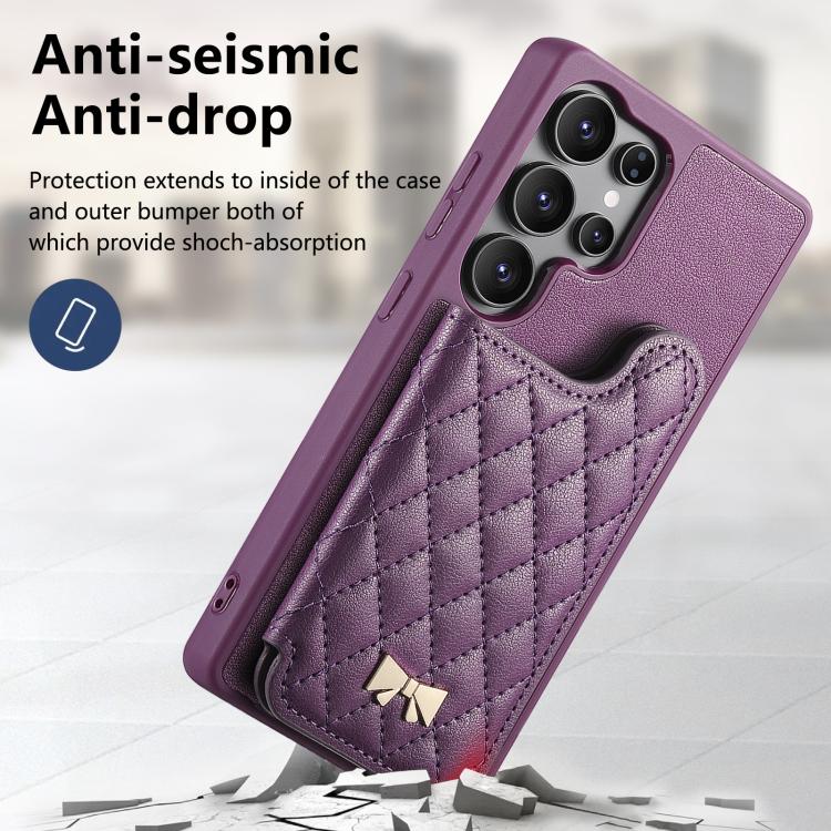 For Samsung Galaxy S25 Ultra 5G Mirror Rhombic Texture Metal Bow-knot Vegan Leather Card Bag Phone Case