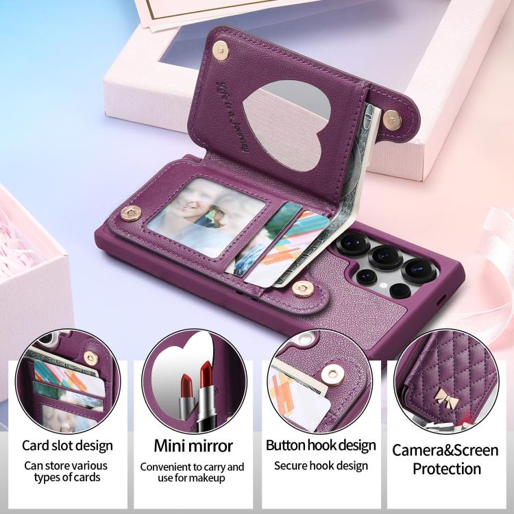 For Samsung Galaxy S25 Ultra 5G Mirror Rhombic Texture Metal Bow-knot Vegan Leather Card Bag Phone Case