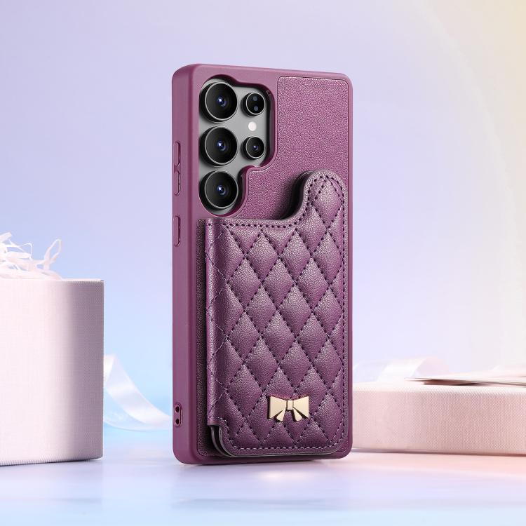 For Samsung Galaxy S25 Ultra 5G Mirror Rhombic Texture Metal Bow-knot Vegan Leather Card Bag Phone Case