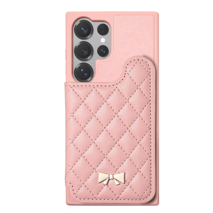 For Samsung Galaxy S25 Ultra 5G Mirror Rhombic Texture Metal Bow-knot Vegan Leather Card Bag Phone Case