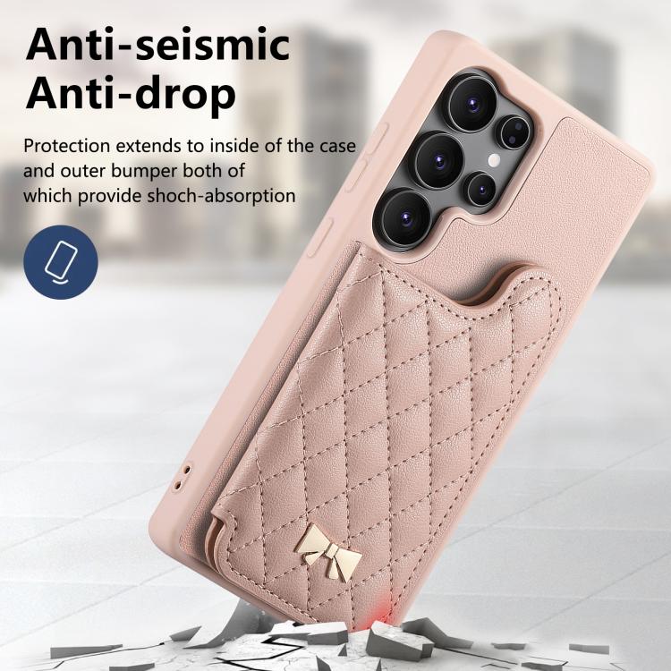 For Samsung Galaxy S25 Ultra 5G Mirror Rhombic Texture Metal Bow-knot Vegan Leather Card Bag Phone Case