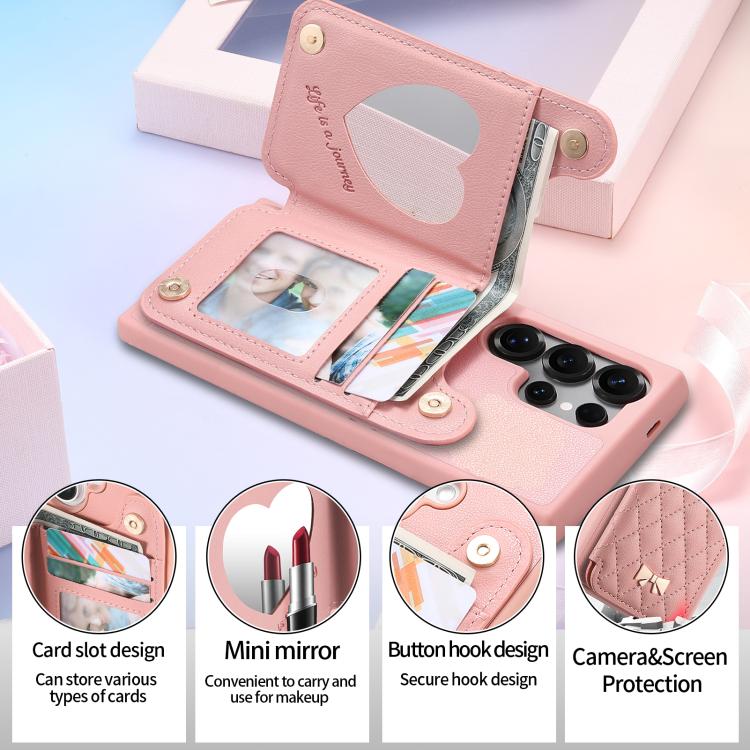 For Samsung Galaxy S25 Ultra 5G Mirror Rhombic Texture Metal Bow-knot Vegan Leather Card Bag Phone Case