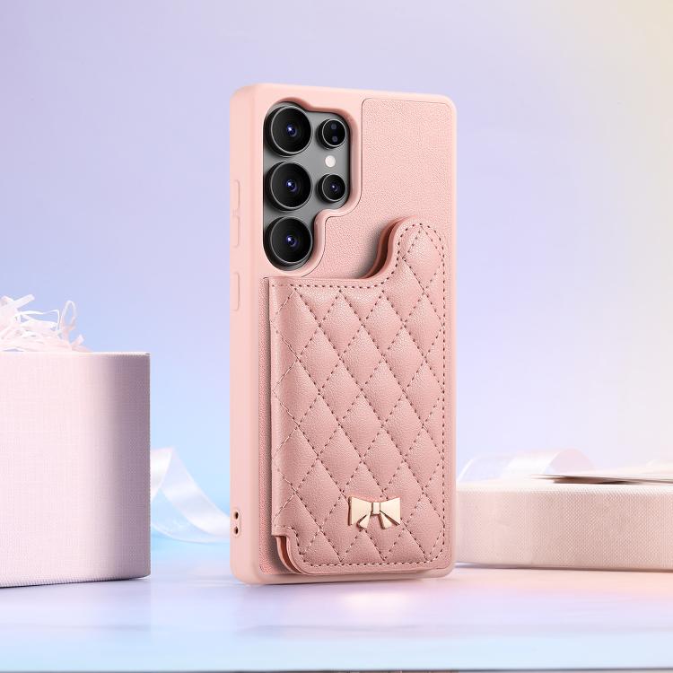 For Samsung Galaxy S25 Ultra 5G Mirror Rhombic Texture Metal Bow-knot Vegan Leather Card Bag Phone Case