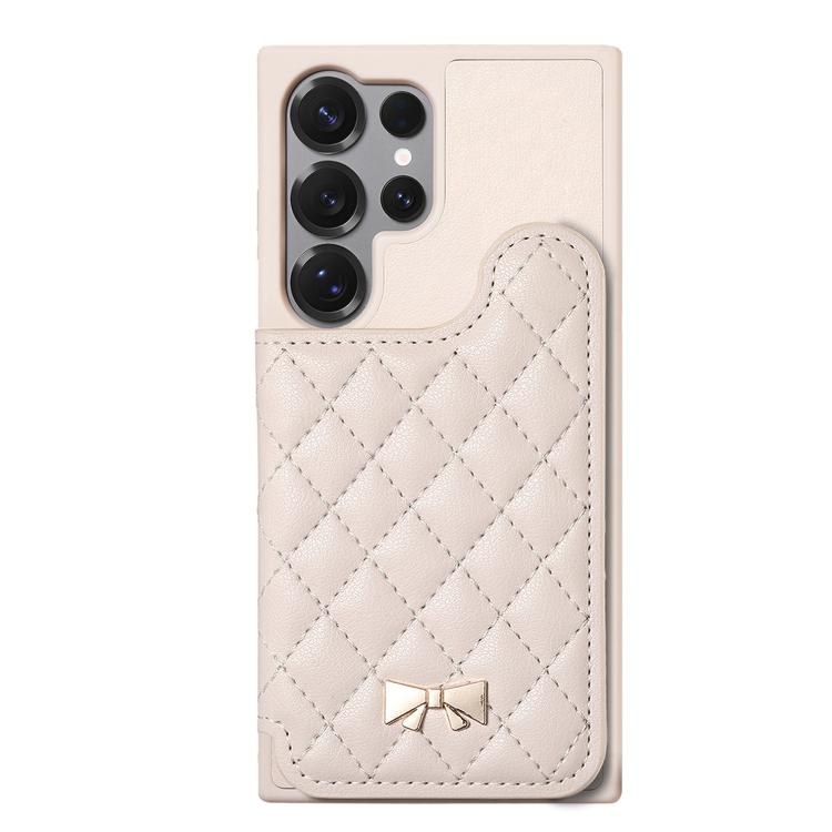 For Samsung Galaxy S25 Ultra 5G Mirror Rhombic Texture Metal Bow-knot Vegan Leather Card Bag Phone Case
