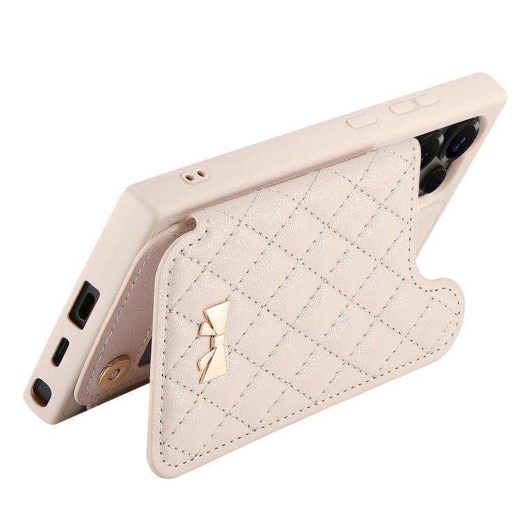 For Samsung Galaxy S25 Ultra 5G Mirror Rhombic Texture Metal Bow-knot Vegan Leather Card Bag Phone Case