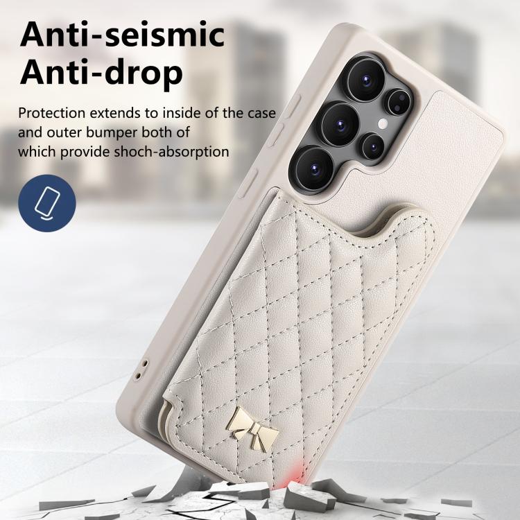 For Samsung Galaxy S25 Ultra 5G Mirror Rhombic Texture Metal Bow-knot Vegan Leather Card Bag Phone Case