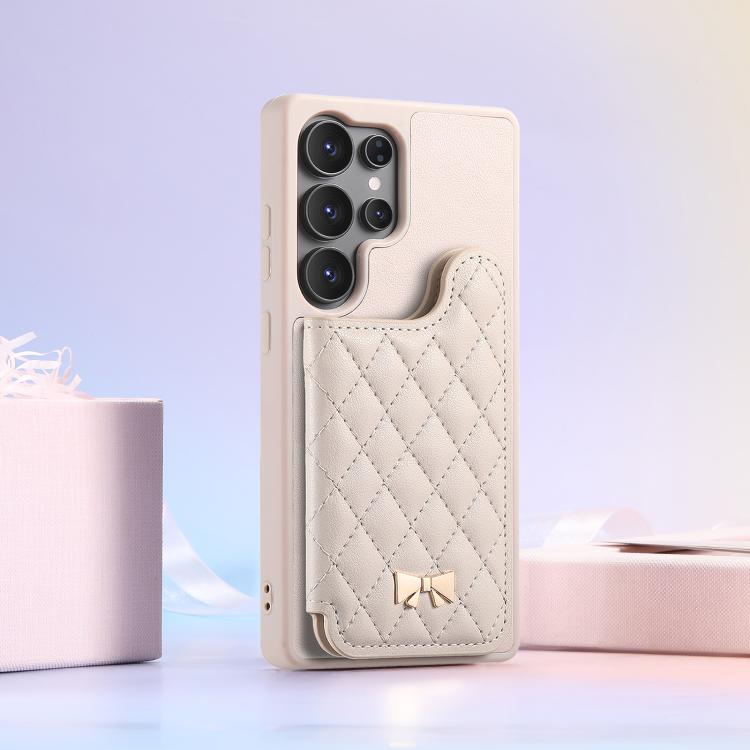For Samsung Galaxy S25 Ultra 5G Mirror Rhombic Texture Metal Bow-knot Vegan Leather Card Bag Phone Case