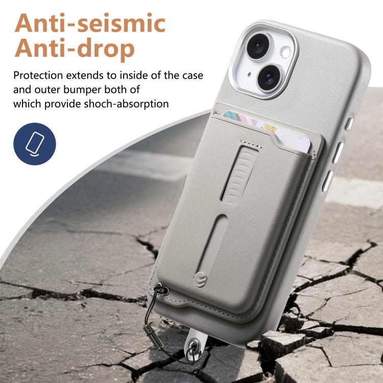 For iPhone 14 Detachable Magnetic Card Bag Phone Case with Finger Ring Grip & Anti-loss Rope