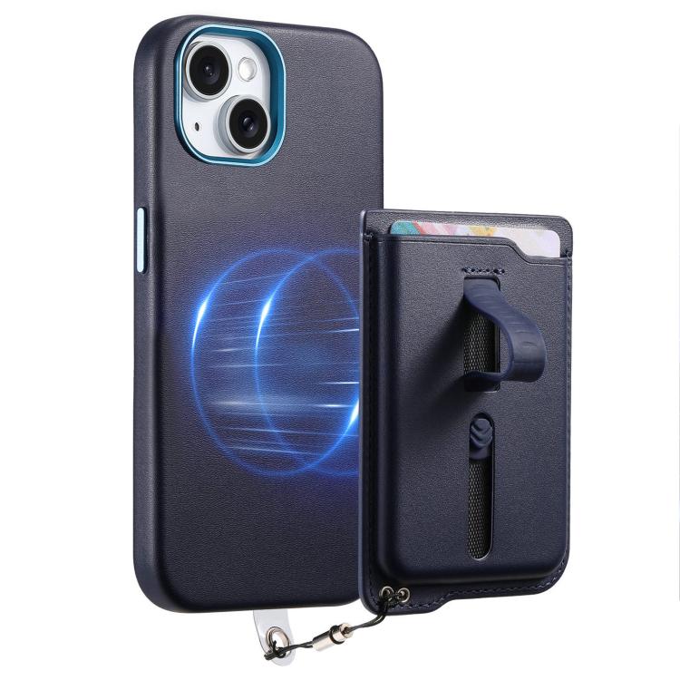 For iPhone 14 Detachable Magnetic Card Bag Phone Case with Finger Ring Grip & Anti-loss Rope