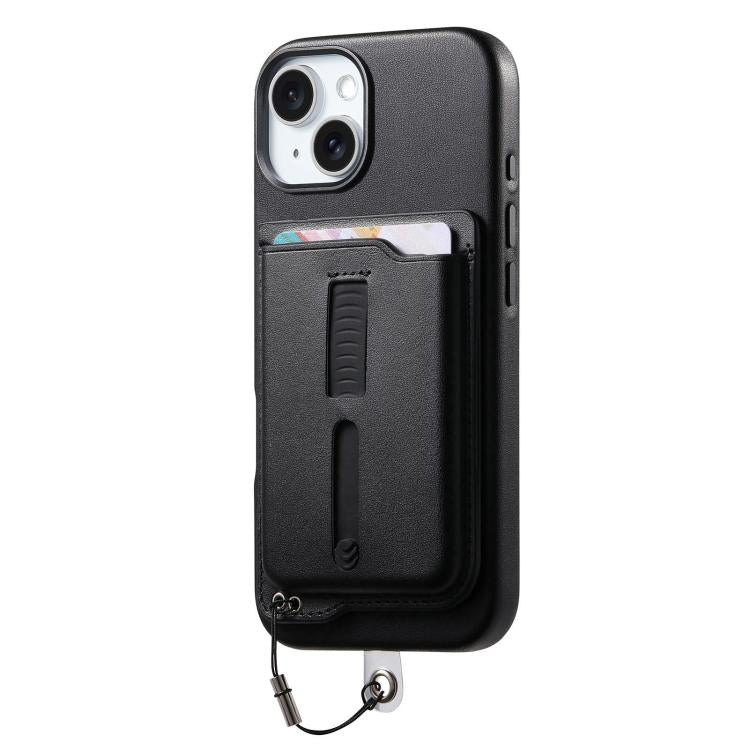 For iPhone 14 Detachable Magnetic Card Bag Phone Case with Finger Ring Grip & Anti-loss Rope