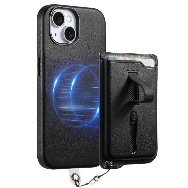 For iPhone 14 Detachable Magnetic Card Bag Phone Case with Finger Ring Grip & Anti-loss Rope