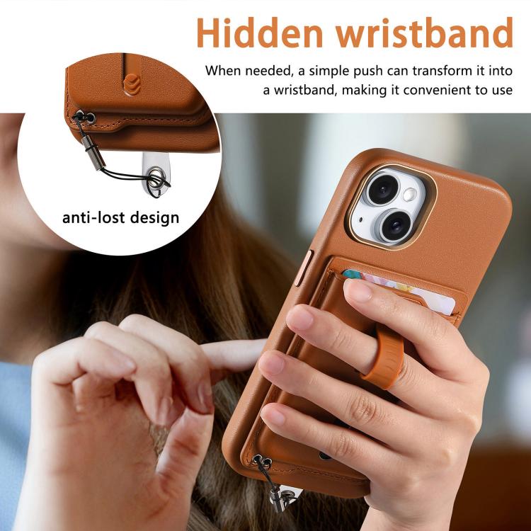 For iPhone 14 Plus Detachable Magnetic Card Bag Phone Case with Finger Ring Grip & Anti-loss Rope