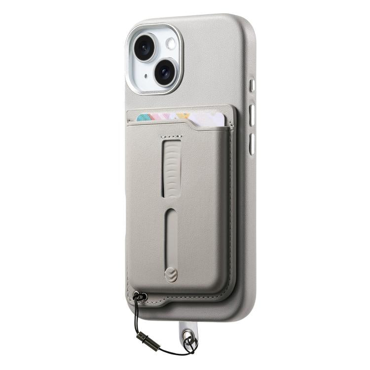 For iPhone 14 Plus Detachable Magnetic Card Bag Phone Case with Finger Ring Grip & Anti-loss Rope