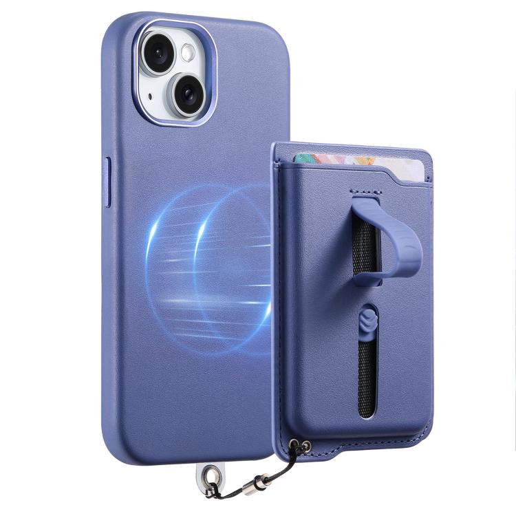 For iPhone 14 Plus Detachable Magnetic Card Bag Phone Case with Finger Ring Grip & Anti-loss Rope
