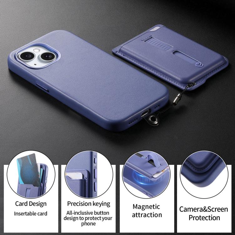 For iPhone 14 Plus Detachable Magnetic Card Bag Phone Case with Finger Ring Grip & Anti-loss Rope