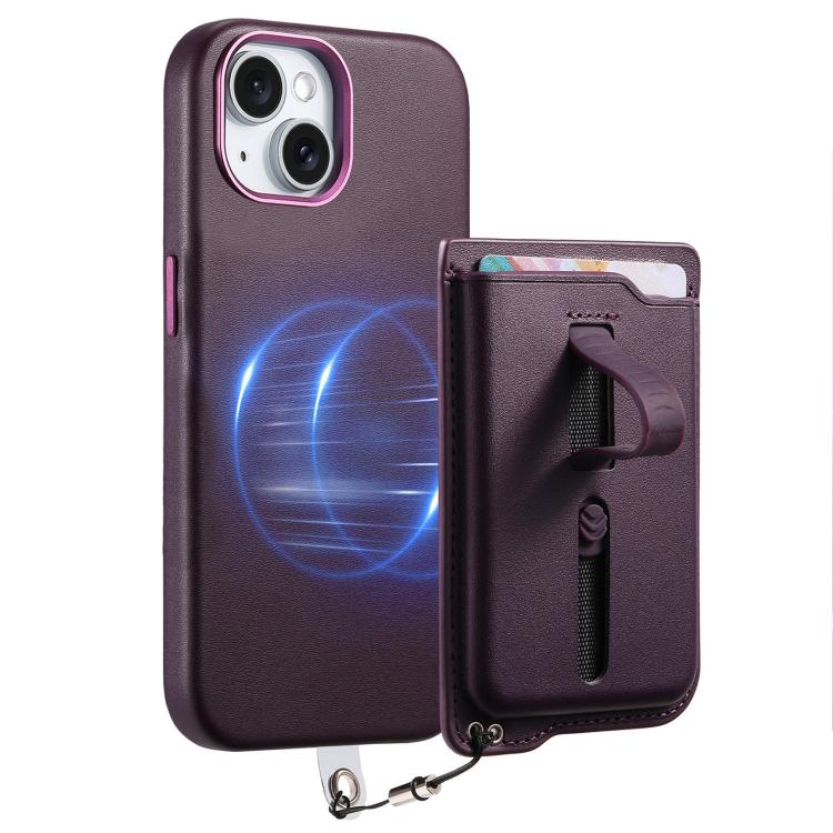 For iPhone 14 Plus Detachable Magnetic Card Bag Phone Case with Finger Ring Grip & Anti-loss Rope