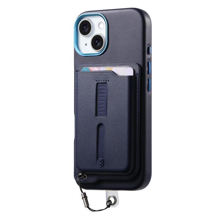 For iPhone 14 Plus Detachable Magnetic Card Bag Phone Case with Finger Ring Grip & Anti-loss Rope