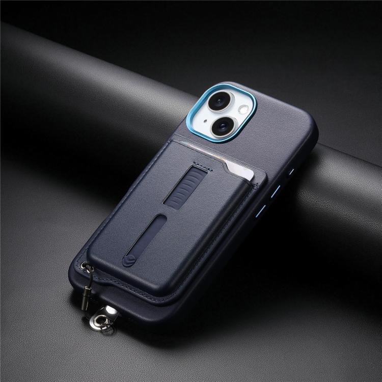 For iPhone 14 Plus Detachable Magnetic Card Bag Phone Case with Finger Ring Grip & Anti-loss Rope