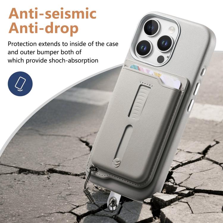 For iPhone 14 Pro Detachable Magnetic Card Bag Phone Case with Finger Ring Grip & Anti-loss Rope