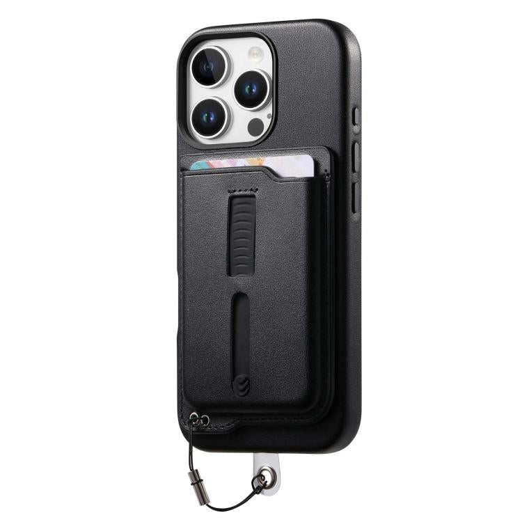 For iPhone 14 Pro Detachable Magnetic Card Bag Phone Case with Finger Ring Grip & Anti-loss Rope