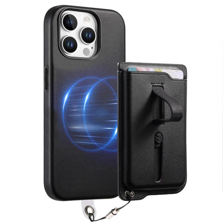 For iPhone 14 Pro Detachable Magnetic Card Bag Phone Case with Finger Ring Grip & Anti-loss Rope