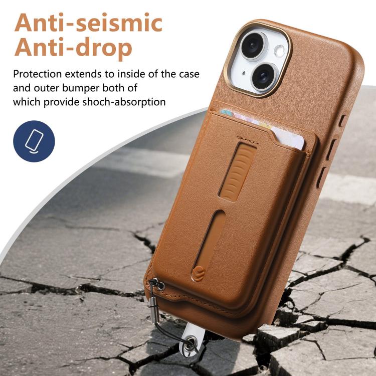 For iPhone 15 Detachable Magnetic Card Bag Phone Case with Finger Ring Grip & Anti-loss Rope