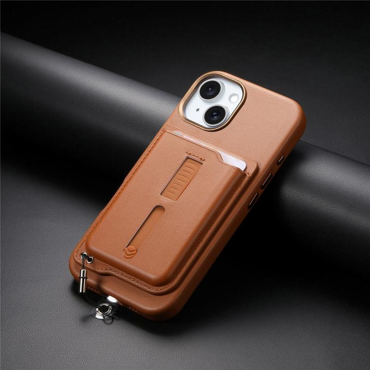 For iPhone 15 Detachable Magnetic Card Bag Phone Case with Finger Ring Grip & Anti-loss Rope