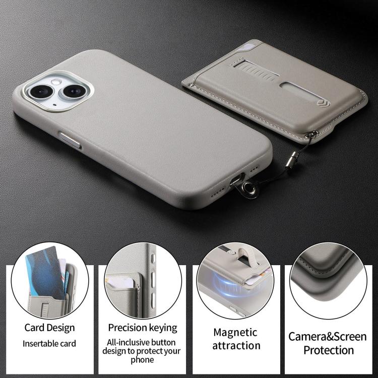 For iPhone 15 Detachable Magnetic Card Bag Phone Case with Finger Ring Grip & Anti-loss Rope