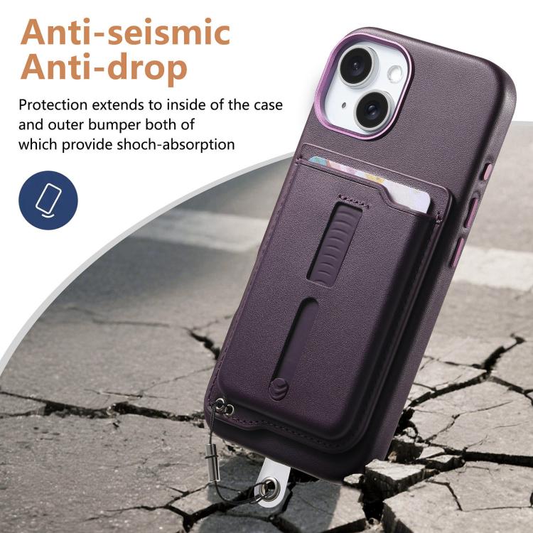 For iPhone 15 Detachable Magnetic Card Bag Phone Case with Finger Ring Grip & Anti-loss Rope