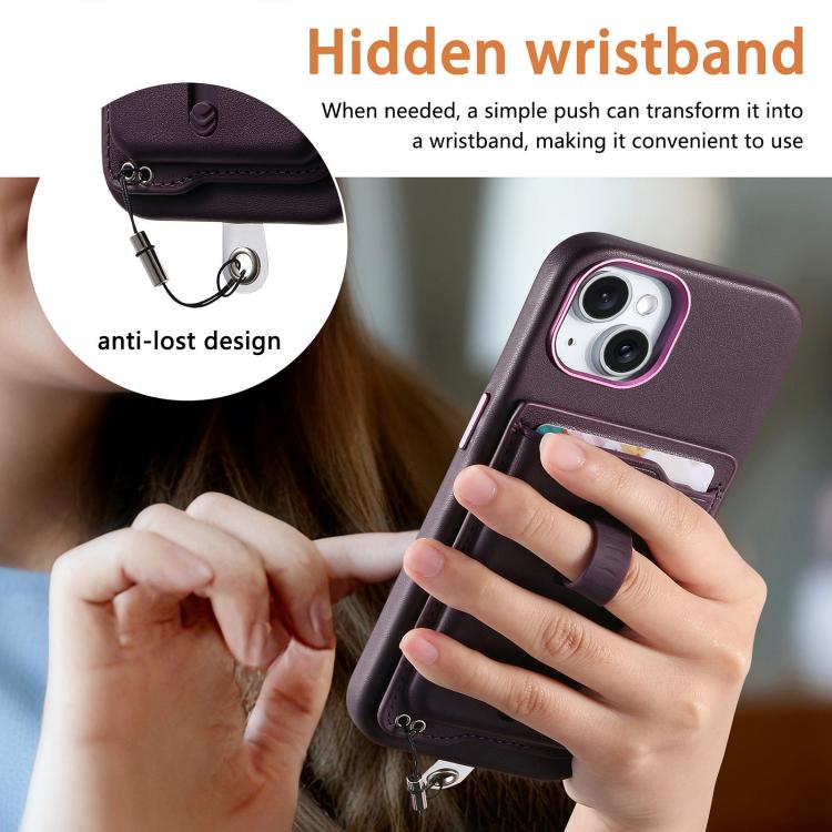 For iPhone 15 Detachable Magnetic Card Bag Phone Case with Finger Ring Grip & Anti-loss Rope