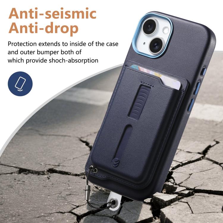 For iPhone 15 Detachable Magnetic Card Bag Phone Case with Finger Ring Grip & Anti-loss Rope