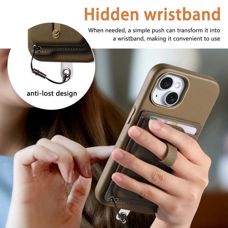 For iPhone 15 Detachable Magnetic Card Bag Phone Case with Finger Ring Grip & Anti-loss Rope