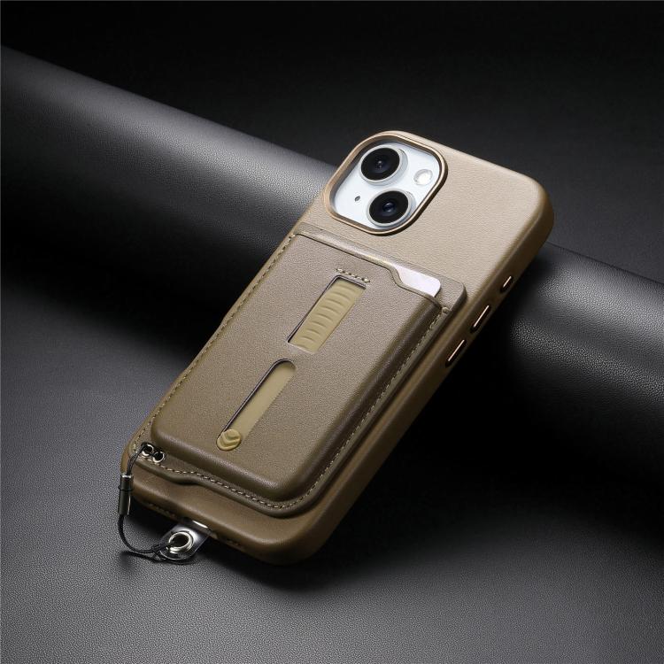 For iPhone 15 Detachable Magnetic Card Bag Phone Case with Finger Ring Grip & Anti-loss Rope