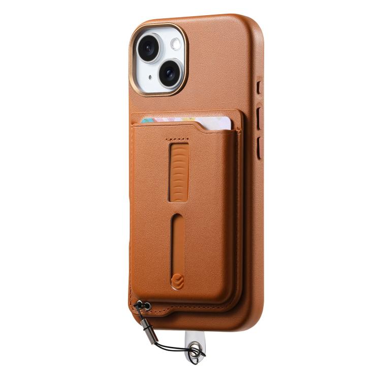 For iPhone 15 Plus Detachable Magnetic Card Bag Phone Case with Finger Ring Grip & Anti-loss Rope