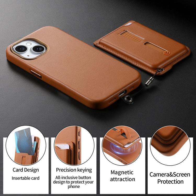 For iPhone 15 Plus Detachable Magnetic Card Bag Phone Case with Finger Ring Grip & Anti-loss Rope