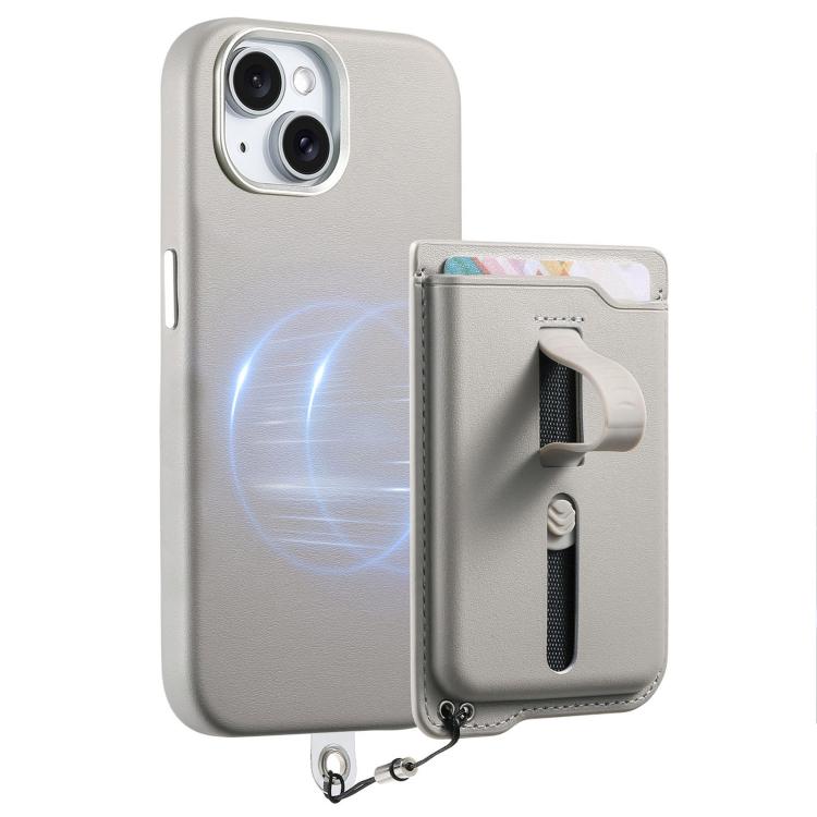 For iPhone 15 Plus Detachable Magnetic Card Bag Phone Case with Finger Ring Grip & Anti-loss Rope
