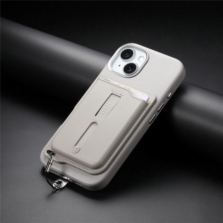 For iPhone 15 Plus Detachable Magnetic Card Bag Phone Case with Finger Ring Grip & Anti-loss Rope