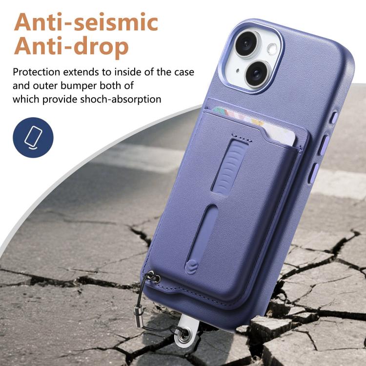 For iPhone 15 Plus Detachable Magnetic Card Bag Phone Case with Finger Ring Grip & Anti-loss Rope