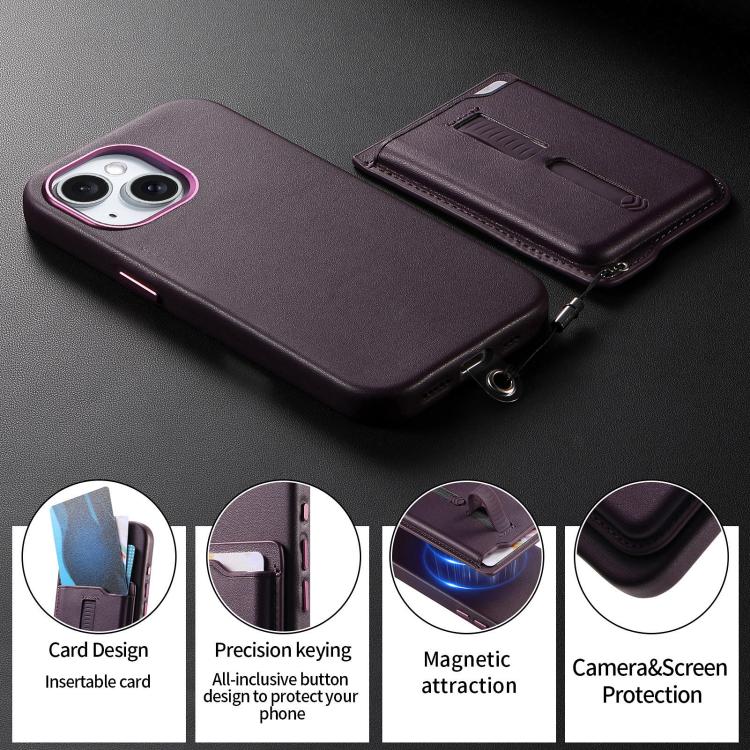 For iPhone 15 Plus Detachable Magnetic Card Bag Phone Case with Finger Ring Grip & Anti-loss Rope