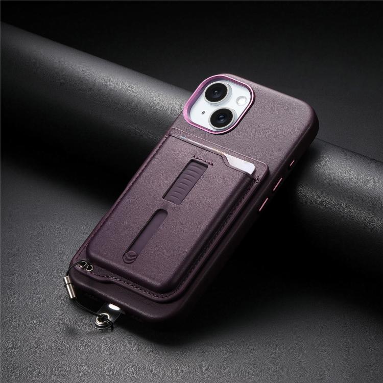 For iPhone 15 Plus Detachable Magnetic Card Bag Phone Case with Finger Ring Grip & Anti-loss Rope